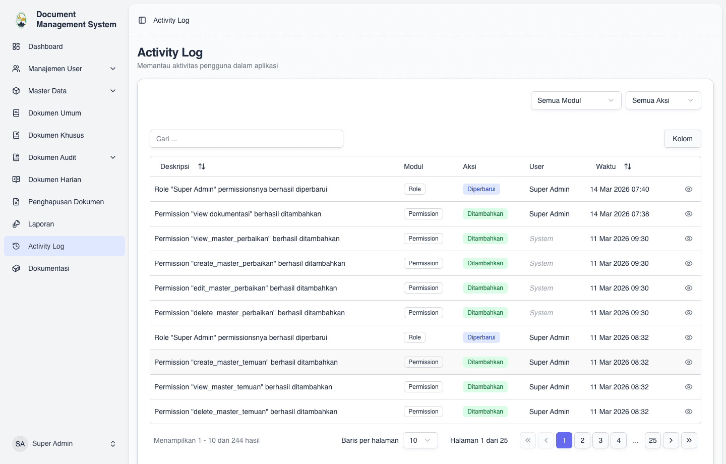Activity log screen showing traceable user actions in the YPII document management system