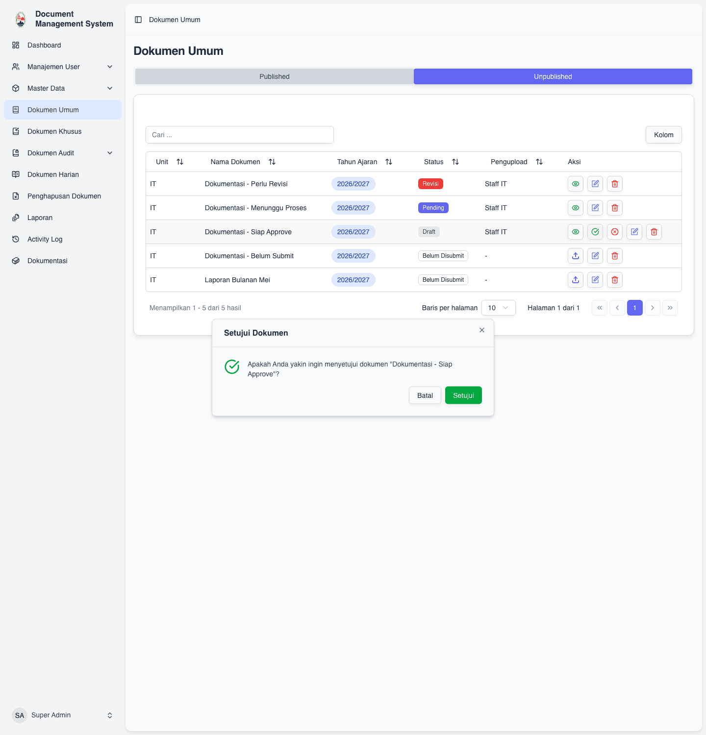 Approval modal for general documents in the YPII document management system
