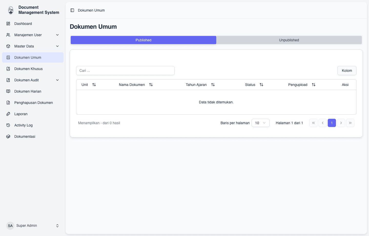 General documents index in the YPII document management system