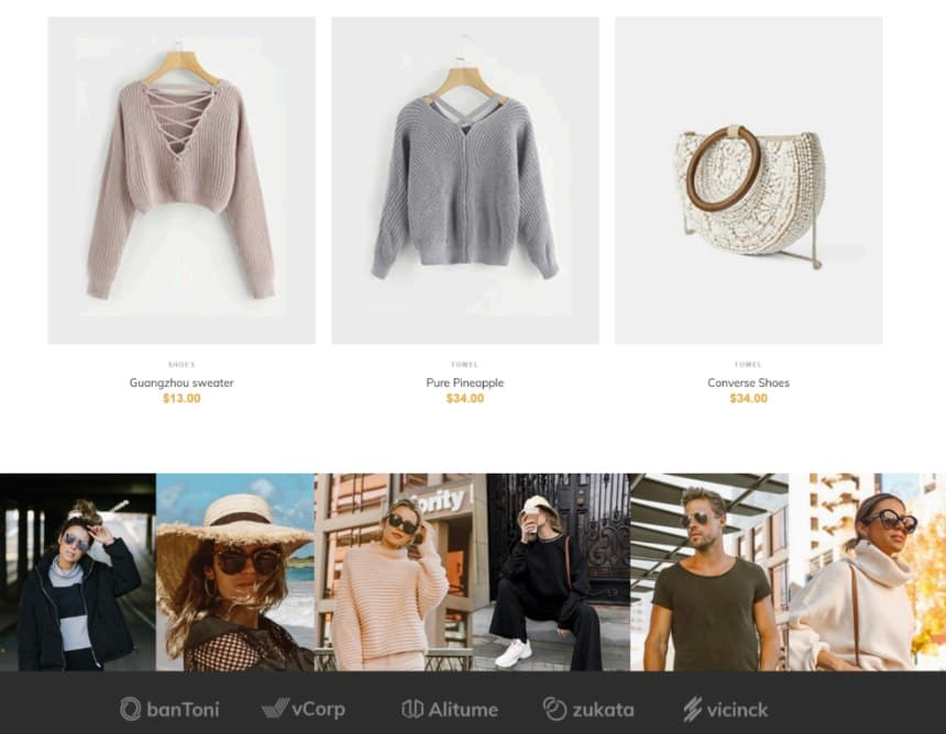 Shayna product catalog page showing multi-brand product grid with lifestyle photos and brand logos including banToni, vCorp, Alitume, zukata, and vicinck