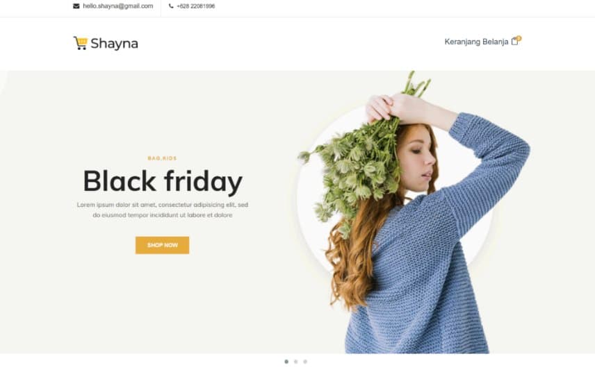 Shayna e-commerce website built with Laravel and Vue.js featuring product catalog, shopping cart, and Black Friday promotional banner
