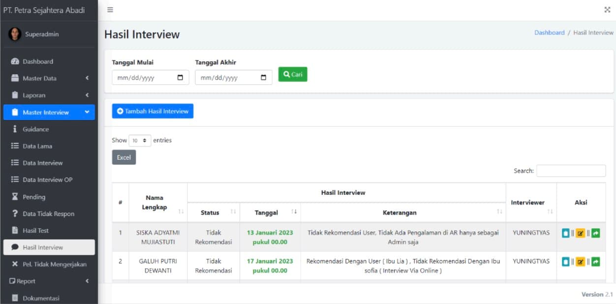 Hasil Interview page showing applicant interview results with status tracking, interviewer assignment, and date filtering for PT. Petra Sejahtera Abadi
