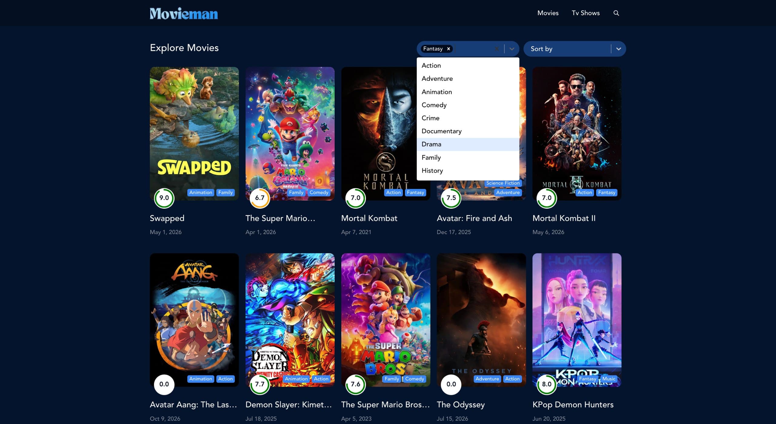 Movieman movie discovery app explore page showing movie grid with genre filters