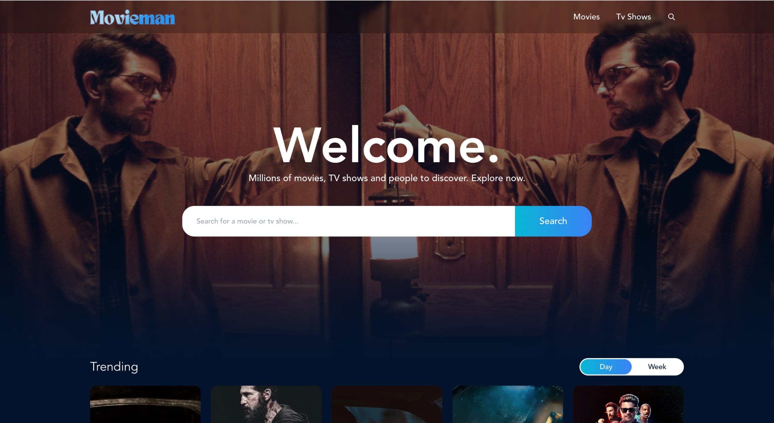 Movieman explore page showing trending movies carousel with day/week toggle