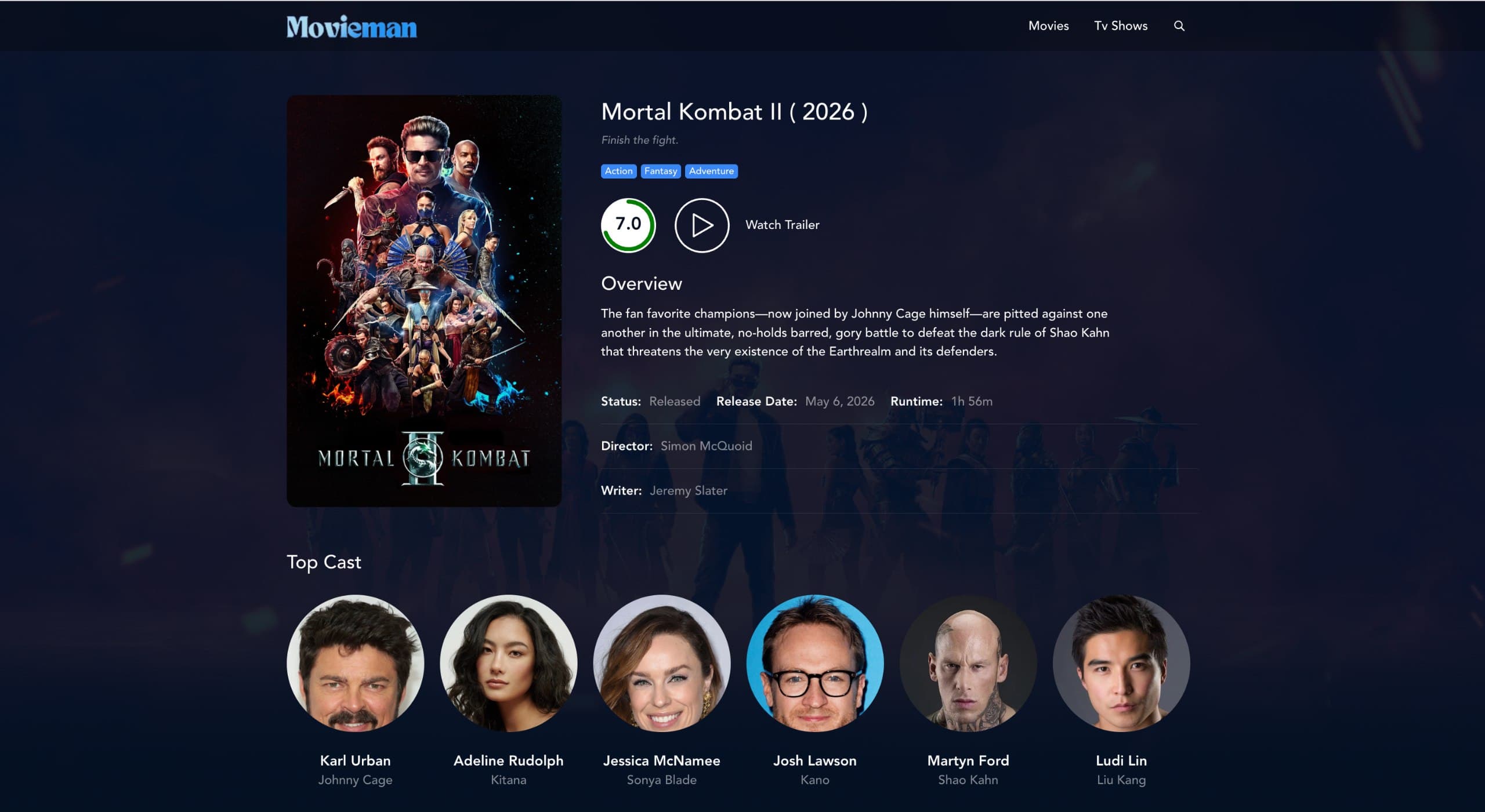 Movieman movie detail page showing Mortal Kombat II with cast, ratings, and overview