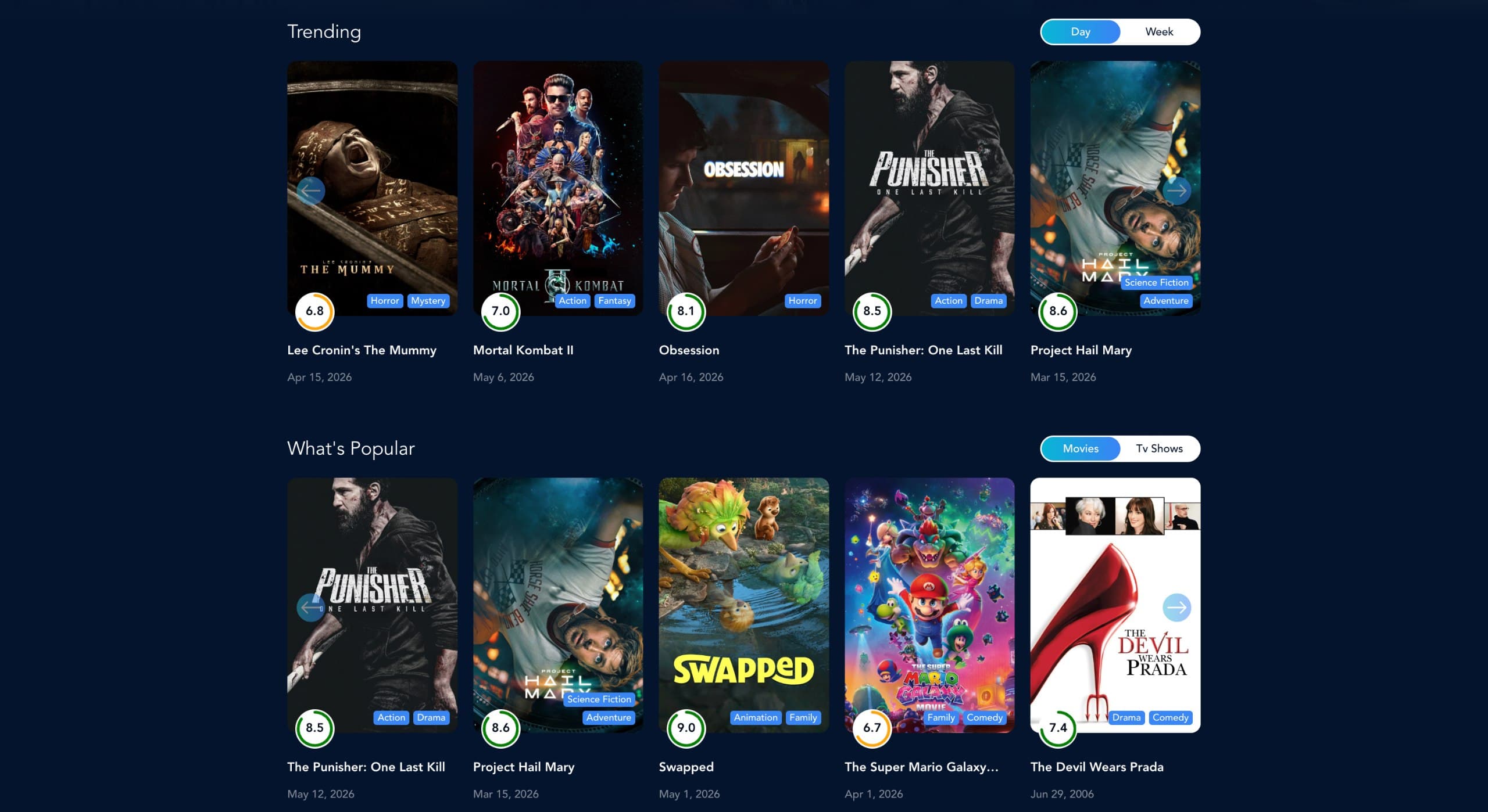 Movieman home page showing trending movies and what's popular sections with movie posters