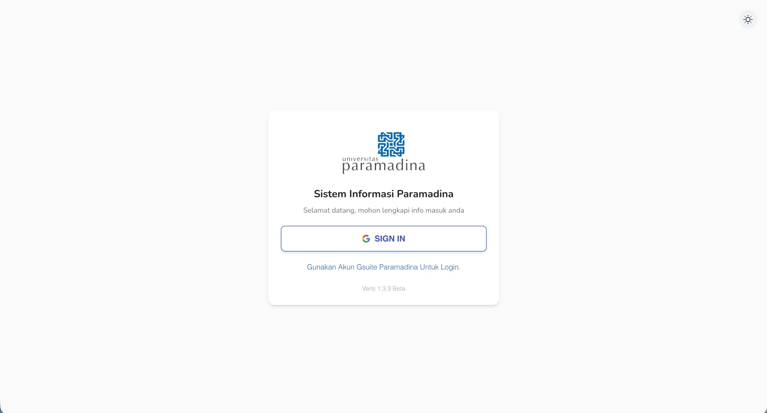 SIP login page for Universitas Paramadina Information System with Google G Suite sign-in option