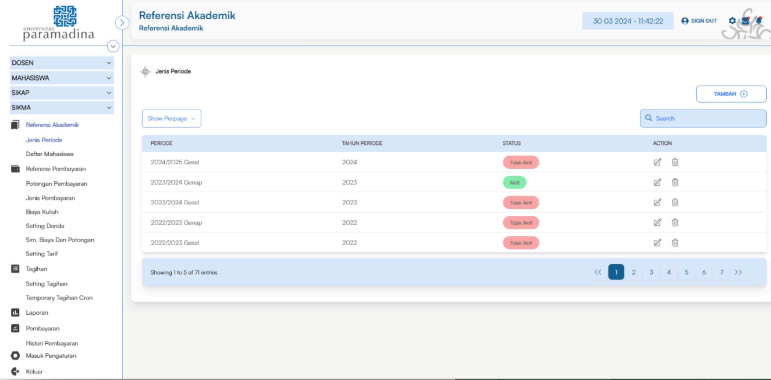 SIP academic reference management interface for Universitas Paramadina showing period configuration and academic data tables